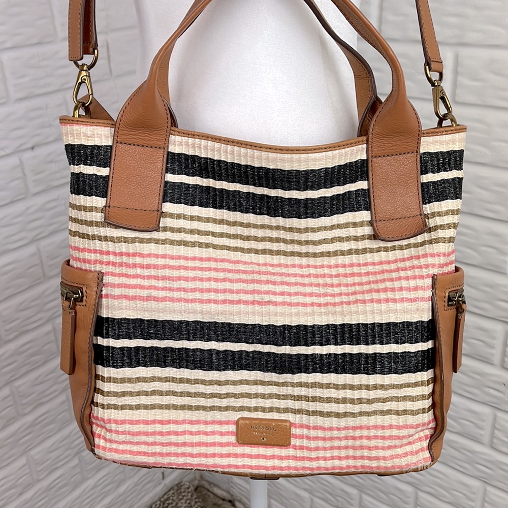 Fossil Pink Black Tan Striped Crossbody Tote